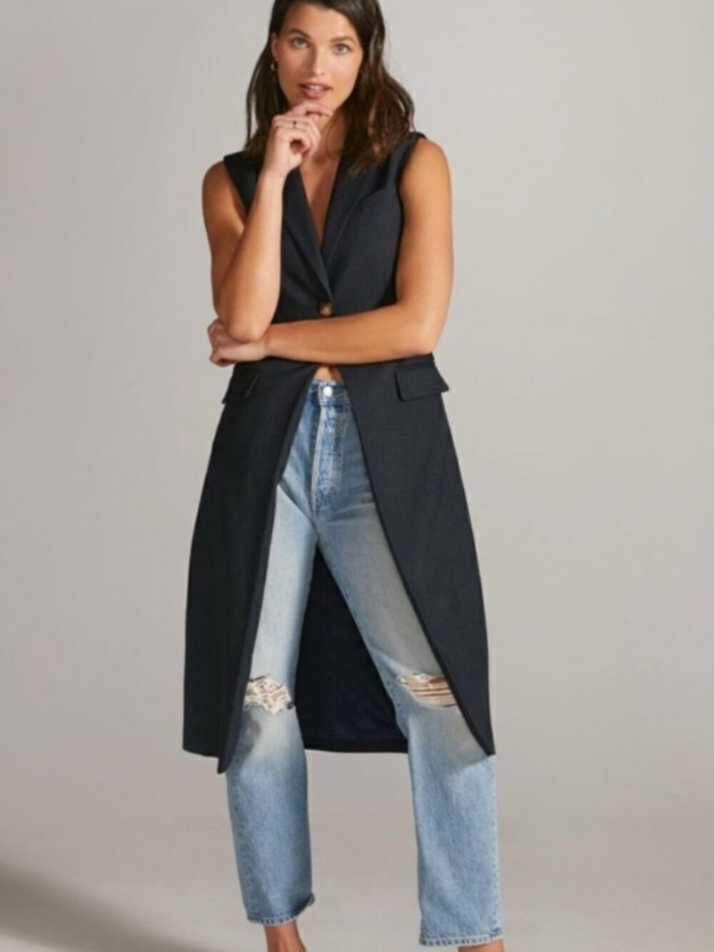 Mare Mare for Anthropologie Navy single button long vest XS